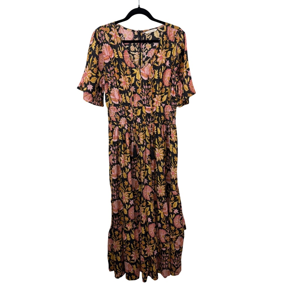 Soft Surroundings Pink & Black Floral Maxi Dress Sz 8 Boho Cottagecore Romantic